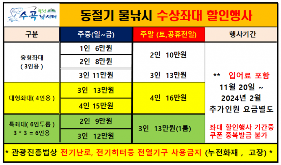 동절기 물낚시 수상좌대 할인행사 실시 수곡낚시터 주후반 주말 조황 붕어방류 (유료터정보 - 유료터점주조황)