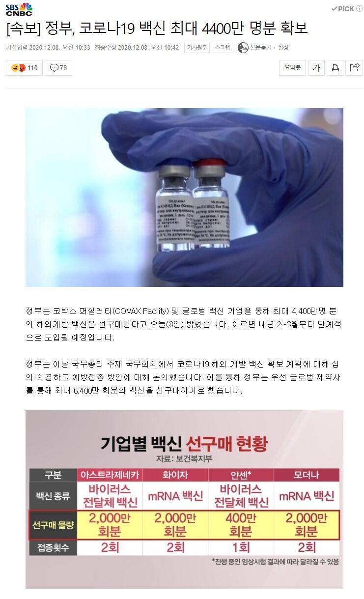 백신 확보 현황 발표 (커뮤니티 - 자유게시판)